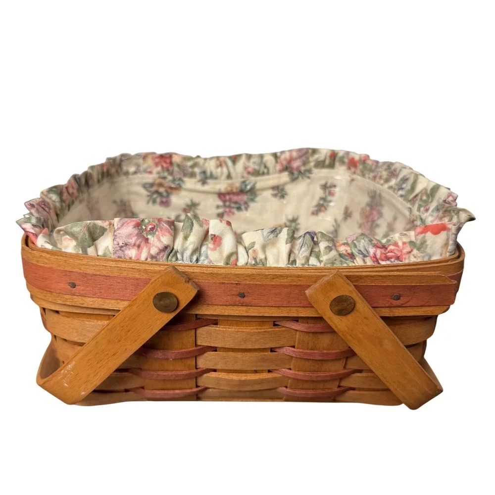 Longaberger 1992 Handwoven Square Basket Floral Liner Plastic Insert Signed TH